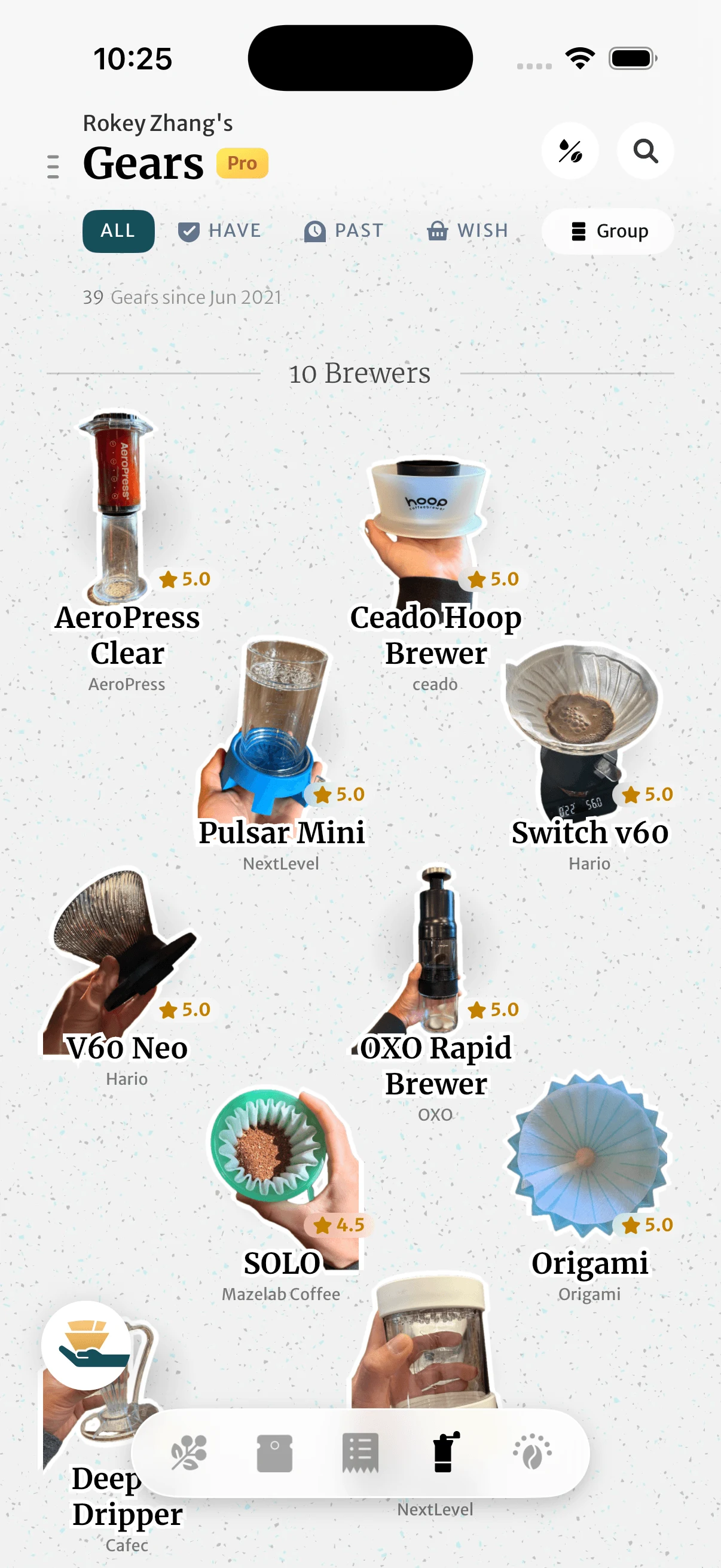 The Gears shelf in BeanBook — brewers, grinders and scales with ratings
