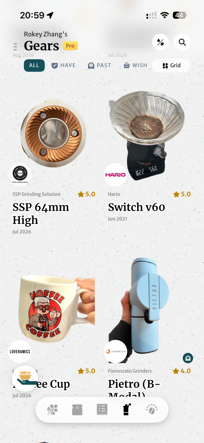 The Gears tab in BeanBook — grinders, brewers, and cups with brands and ratings