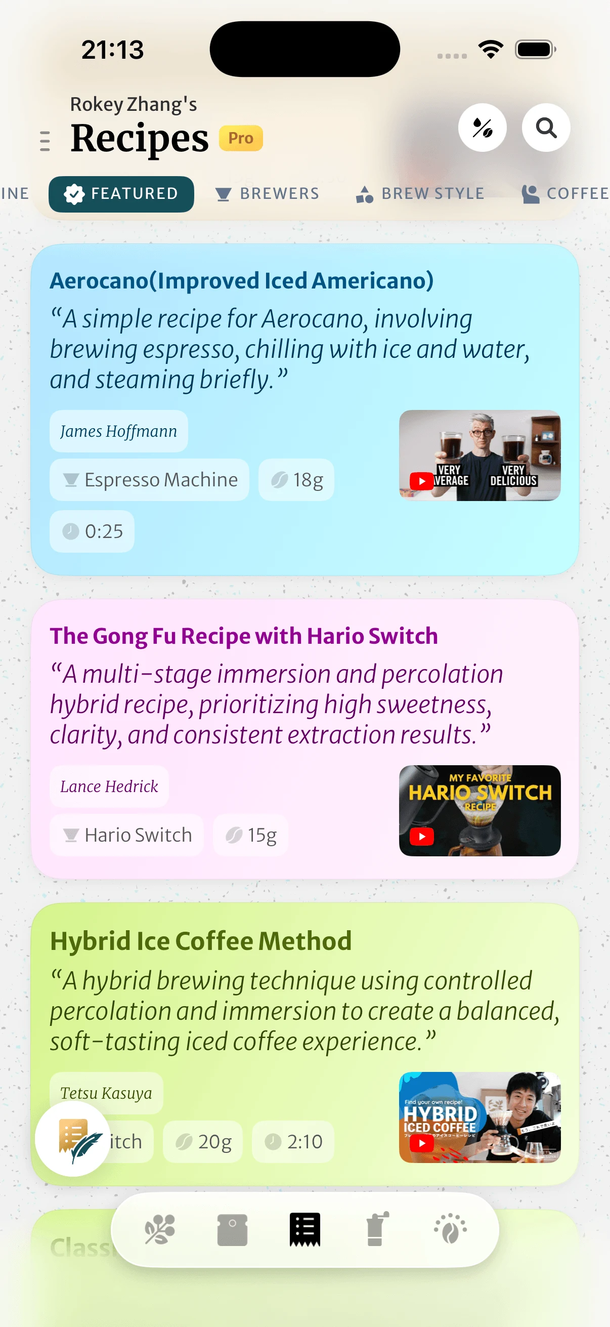 A brew style page in BeanBook listing saved recipes with brewer, dose, and source video